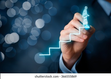 Manager (businessman, coach, leadership) plan to succeed. Coach (human resources officer, supervisor) motivate employee to growth, bokeh in background.