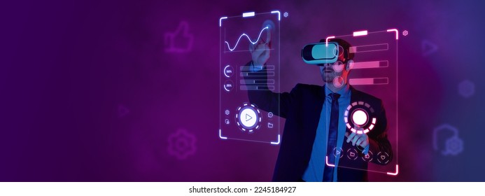 Manager, businessman in virtual reality headset with charts on screen projection over futuristic server room background in neon. Technology concept. Banner for ad - Powered by Shutterstock