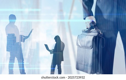 Manager Career. Silhouettes Of Manager On A Blurred Downtun Background. Business Portfolio Symbolizes Work Of A Manager. Concept - CEO Of A Corporation With A Bag. Work In Management Team.