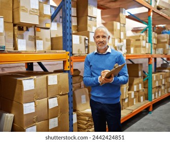 Manager, clipboard and portrait in warehouse with inventory for quality control or freight distribution. Senior businessman, wholesale supplier or stock checklist in logistics industry for inspection - Powered by Shutterstock