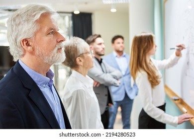 Manager Or Consultant Observes Business Team In Brainstorming Seminar On Whiteboard