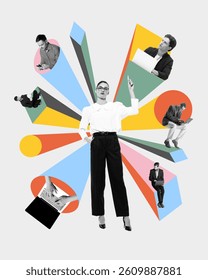 Manager coordinating external tasks and communication streams to enhance efficiency. Connectivity between freelancers and teams. Concept of business, outsourcing, productivity