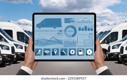 Manager with a digital tablet on the background of vans. Fleet management