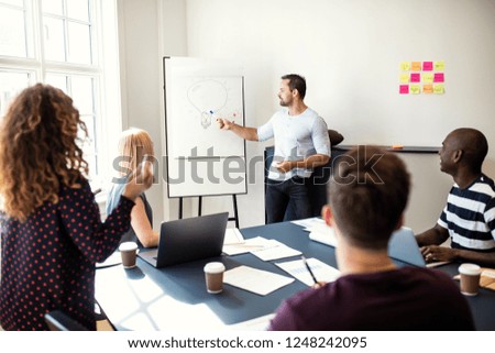 Manager explaining a concept during a whiteboard presentation to a diverse group of staff sitting around a table in an office boardroom
