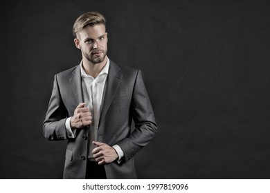 Manager in formal outfit. Man in blue suit jacket and shirt. Businessman with beard and stylish hair. Fashion, style and dress code. Business, entrepreneurship and career concept, vintage, copy space