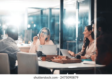 Manager, group and business people planning, discussion or brainstorming on laptop in startup at night. Team, collaboration and project strategy in meeting for creative editor with pizza on deadline - Powered by Shutterstock