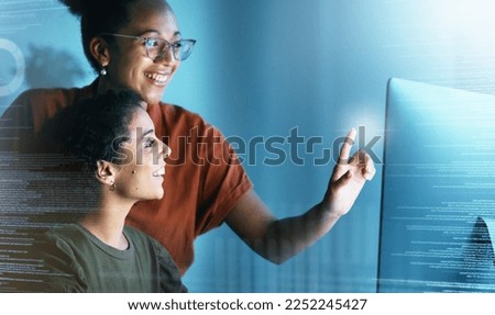 Manager help employee, hologram and programming with computer, cyber security and cloud computing. Process, woman speaking to consultant and explain systems, code or programmer talks to IT specialist