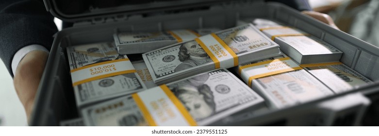 Manager holds open case with counted stacks of dollar banknotes in hands. Man shows briefcase with money paid for successful deal by client