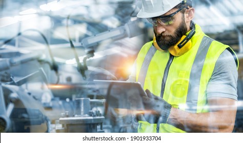 Manager or Industrial engineer working and control robotic with industry factory and network connection automation robot arm by tablet. AI, Artificial intelligence.