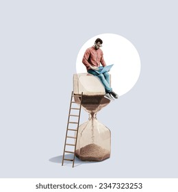 A manager with a laptop sits on the hourglass. Art collage.