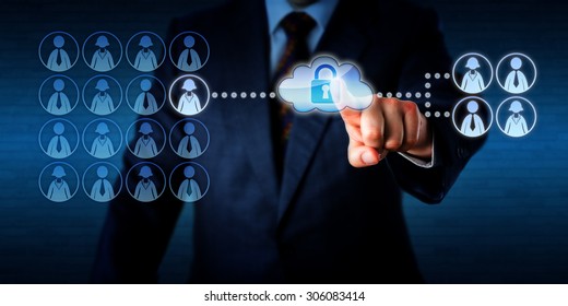 Manager outsourcing the work task of a single female employee via the cloud to a group of four freelancers, two workers of each gender. He is touching a virtual cloud containing a secured padlock. 