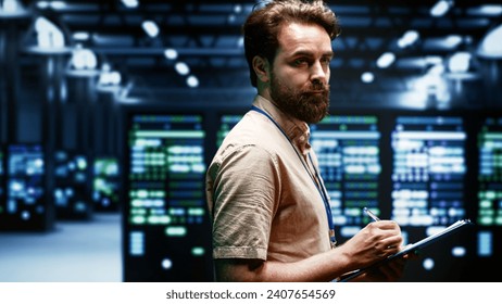 Manager overseeing cryptocurrency mining infrastructure solving complex computational problems. Professional in server hub hosting blockchain technology high volume real time transactions