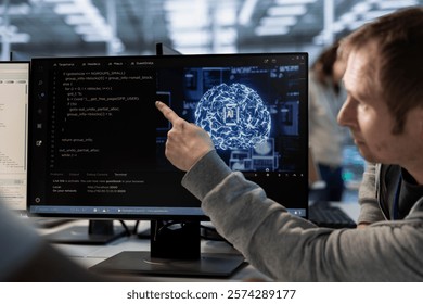 Manager overseeing programmers using artificial intelligence technology to optimize data center. Supervisor checking progress done by worker in server hub using AI tech to streamline operations