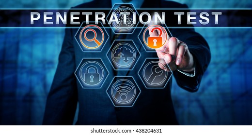 Manager pressing PENETRATION TEST on an interactive touch screen interface. Software application tools for scanning and access are highlighted. Computer security concept for pentest. Caucasian man.