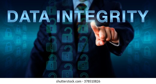 IT Manager Is Pushing DATA INTEGRITY Onscreen. Technology And Business Concept. Self-repeating Datasets Represented By Locked Hexagon Icons Refer To The Assurance Of Accuracy And Consistency Of Data.