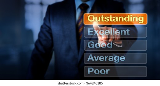 Manager Is Selecting Outstanding Atop Five Buttons, Followed By Excellent, Good, Average And Poor. Business Concept For Career Development Discussion And Performance Appraisal, Evaluation Or Review.