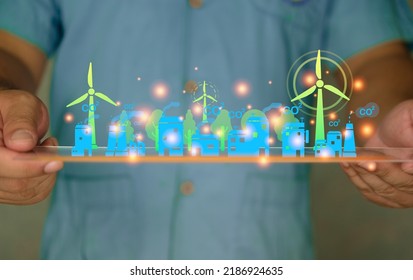 Manager showing net-zero greenhouse gas emissions target on virtual modern smart technology. Climate-neutral long-term strategy. Renewable energy. Green industries business and CO2 emission concept.