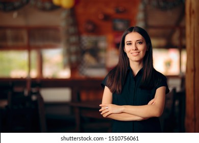 Manager Standing in a Restaurant Welcoming Customers. Confident self-employed female entrepreneur greeting guests  - Powered by Shutterstock