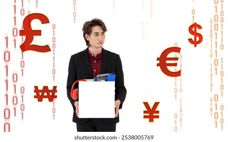 A manager in suit feel sad, stressed and unhappy face holding paper box of belongings collected from office in the get fired day. Various red currency symbols and coding displayed on white background. - Powered by Shutterstock