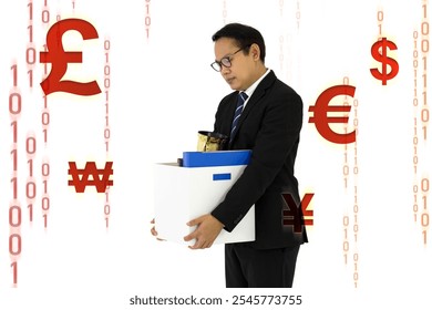 A manager in suit feel sad, stressed and unhappy face holding paper box of belongings collected from office in the get fired day. Various red currency symbols and coding displayed on white background. - Powered by Shutterstock