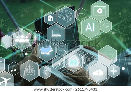 Manager Technical Industrial Engineer working and control robotics with monitoring system software and icon industry network connection on tablet. AI, Artificial Intelligence.