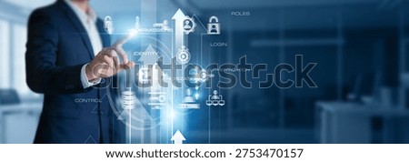 IT manager touch with Access Management system on structure secure identity technology control data protection monitoring platform. Cyber security policy user authentication governance solution.