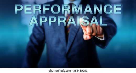 Manager Is Touching PERFORMANCE APPRAISAL Onscreen. Business Concept For Job Performance Review Or Evaluation, Career Development Discussion, The Self Appraisal Process And Performance Ratings.