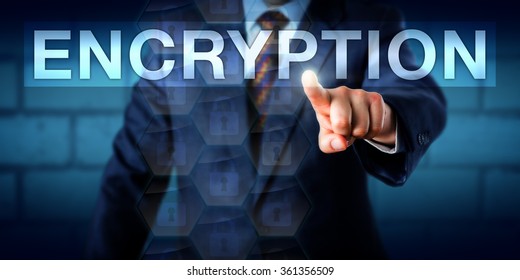 Manager is touching the word ENCRYPTION onscreen. Technology background and business concept for information protection, secret communication, secure data transit and confidentiality of messages.