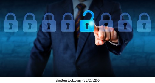 Manager Is Unlocking A Virtual Lock In A Lineup Of Eight Padlocks. Business Concept And Technology Metaphor For Cyber Attack, Computer Crime, Information Security And Data Encryption. Copy Space.