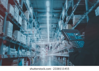 Manager using smart tablet monitor process Analyzes, check and control product in stock warehouse, modern software, futuristic concept smart warehouse management system in Factory industry in  - Powered by Shutterstock