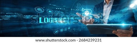 Manager using tablet analyzing logistics operations data supply, transportation automation tracking warehousing efficiency distribution performance optimization.