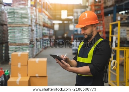 Manager  using tablet Checke-Commerce Online Orders e-businessonline. In store Background Warehouse Retail Center with  boxes global logistics network  Products Delivery Infographics in Logistics