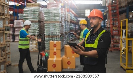 Manager  using tablet Checke-Commerce Online Orders e-businessonline. In store Background Warehouse Retail Center with  boxes global logistics network  Products Delivery Infographics in Logistics