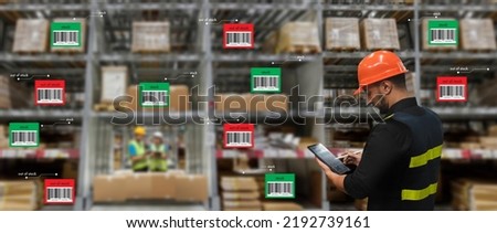 Manager  using tablet Checke-Commerce Online Orders e-businessonline. In store Background Warehouse Retail Center with  boxes global logistics network  Products Delivery Infographics in Logistics