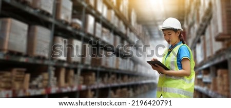 Manager  using tablet Checke-Commerce Online Orders e-businessonline. In store Background Warehouse Retail Center with  boxes global logistics network  Products Delivery Infographics in Logistics