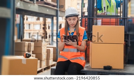 Manager  using tablet Checke-Commerce Online Orders e-businessonline. In store Background Warehouse Retail Center with  boxes global logistics network  Products Delivery Infographics in Logistics