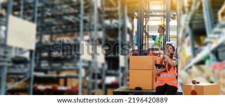 Manager  using tablet Checke-Commerce Online Orders e-businessonline. In store Background Warehouse Retail Center with  boxes global logistics network  Products Delivery Infographics in Logistics