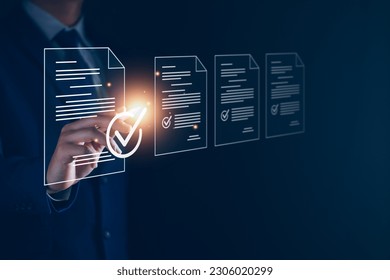 Manager is verifying the validity, security, approving requests, quality assurance, investment contracts. Online digital document work, paperless office. online survey. Checking mark up on check boxes