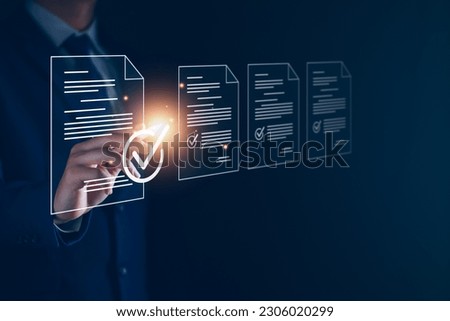 Manager is verifying the validity, security, approving requests, quality assurance, investment contracts. Online digital document work, paperless office. online survey. Checking mark up on check boxes
