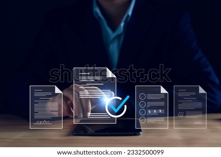 Manager is verifying the validity, security, approving requests, quality assurance, investment contracts. Online digital document work, paperless office. online survey. Checking mark up on check boxes