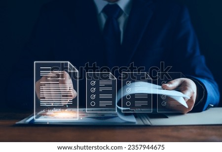 Manager is verifying the validity, security, approving requests, quality assurance, investment contracts. Online digital document work, paperless office. online survey. Checking mark up on check boxes