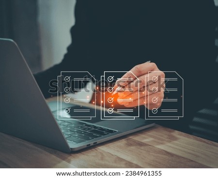 Manager is verifying the validity, security, approving requests, quality assurance, investment contracts. Online digital document work, paperless office. online survey. Checking mark up on check boxes