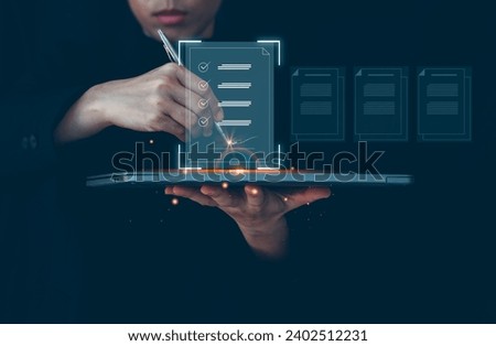 Manager is verifying the validity, security, approving requests, quality assurance, investment contracts. Online digital document work.