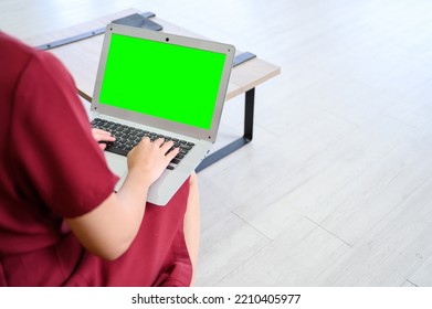 Manager Woman Working At Mockup Green Screen Chroma Key Laptop With Isolated Display. Businesswoman Sitting And Working With Laptop Computer