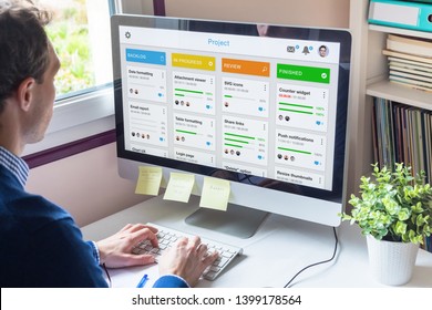 Manager working with agile product development using scrum or kanban methodology, lean project management framework with iterative or incremental strategy, person with computer in office - Shutterstock ID 1399178564