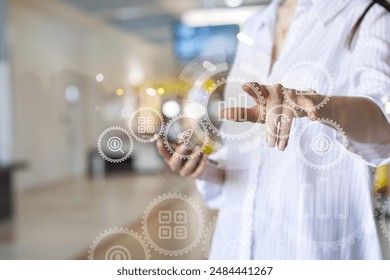 Manager working on virtual computer screen against blurred background.