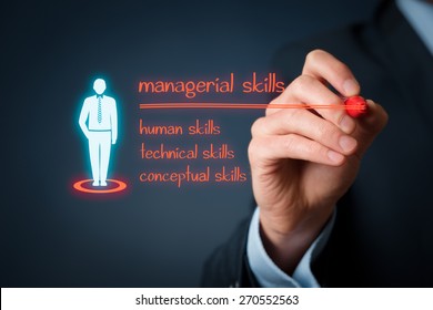 Managerial Skills (human Skills, Technical Skills, Conceptual Skills) Concept - Businessman Write Managerial Skills On Virtual Board.
