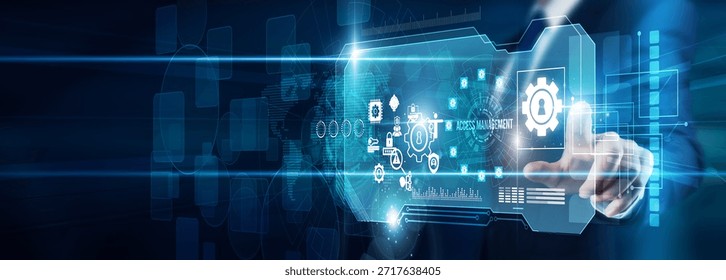 The manager's hand is touching access management security data authentication authorization, identity governance protection compliance innovation resilience digital transformation and global safety.