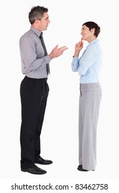 Managers talking to each other against a white background