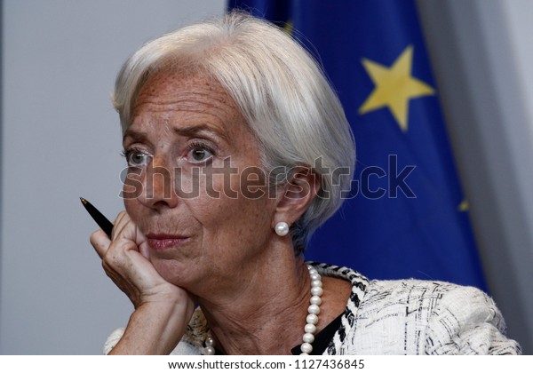 Managing
Director of the IMF,Christine Lagarde gives a press conference at
the end of Eurogroup finance ministers meeting at the EU
headquarters in Luxembourg on June 21,
2018